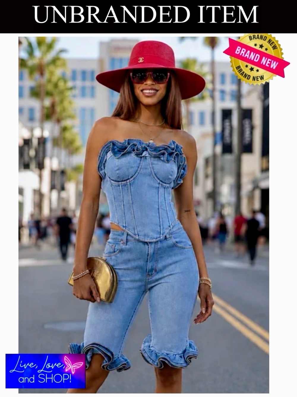 TWO PIECE SHORT SET: Light Blue Wavy Ruffle Denim w/Zipper Fringe, NIP